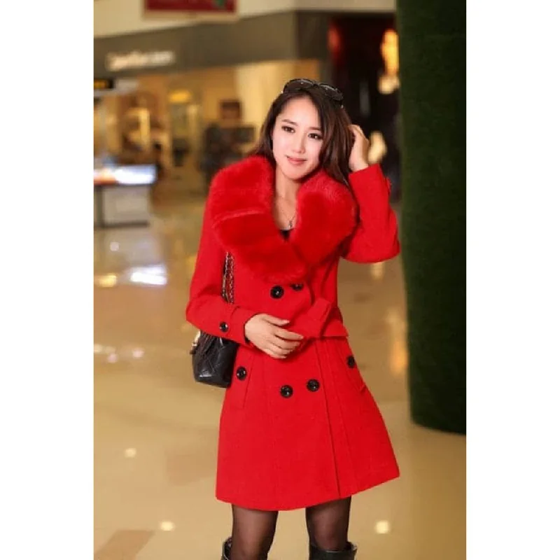TIME-Limited Offer MDG Women's Fine Fashion Red Coat Jacket Premium Quality Fur Collar Designer Wool Coat Jacket