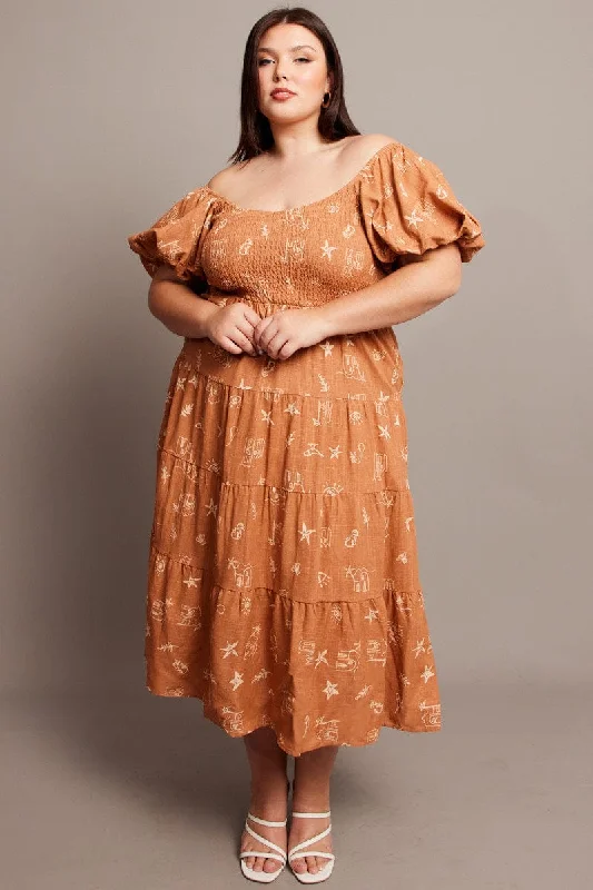 Crazy Deals Brown Abstract Midi Dress Short Sleeve Shirred