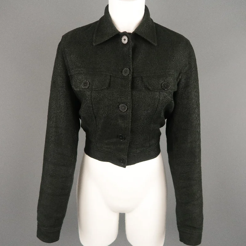 Extra Savings RALPH LAUREN Size 4 Black Woven Linen Cropped Trucker Jacket