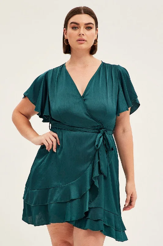 Deep Discounts Green Wrap Dress Short Sleeve V-neck Satin