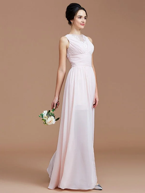 Crazy Deals A-Line/Princess Jewel Sleeveless Ruched Floor-Length Chiffon Bridesmaid Dresses
