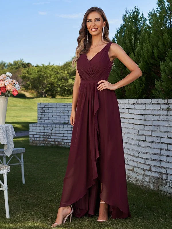 Last Chance A-Line/Princess Chiffon Ruched V-Neck Sleeveless Floor-Length Bridesmaid Dresses