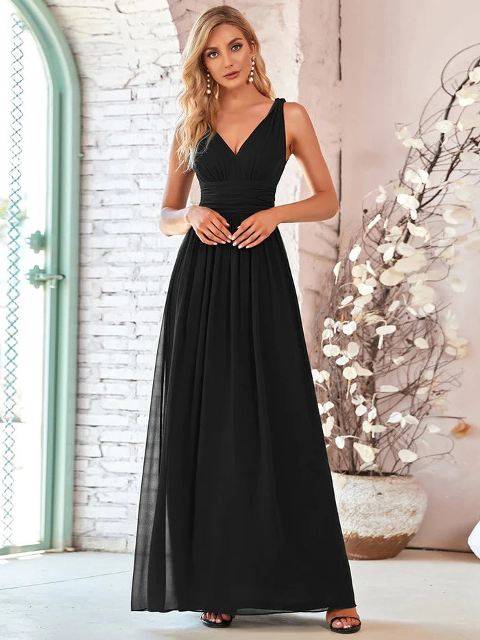 Amazing Deals Pleated Sleeveless V-Neck Chiffon Maxi Dress