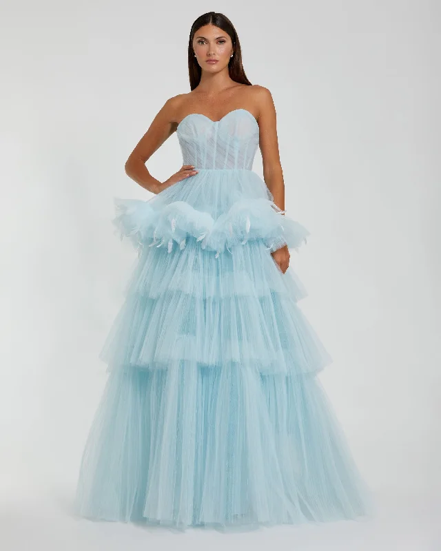 Don't Wait Light Blue Strapless Tulle Gown with Feather Detail