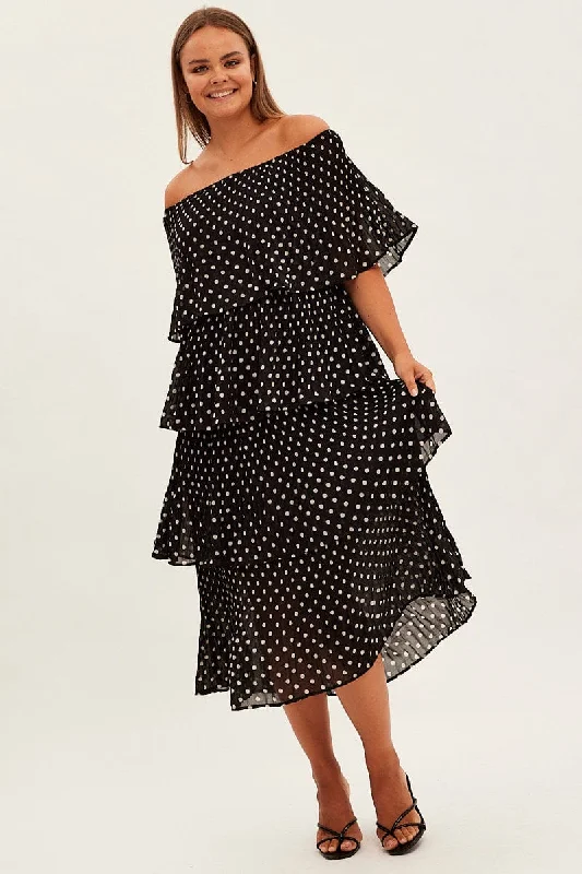 Limited Stock Black Polka Dot Midi Dress Off Shoulder Pleated