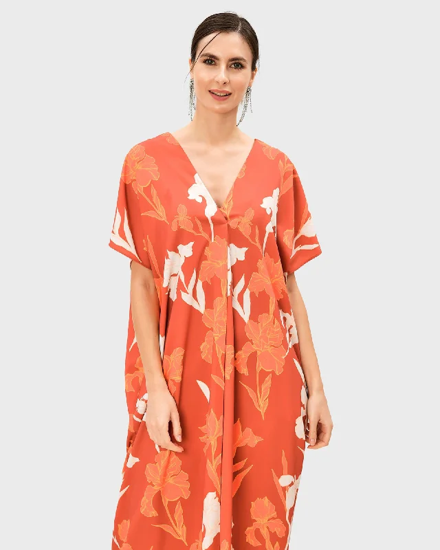 Closeout Tropical Floral Print Crepe Kaftan | Coral
