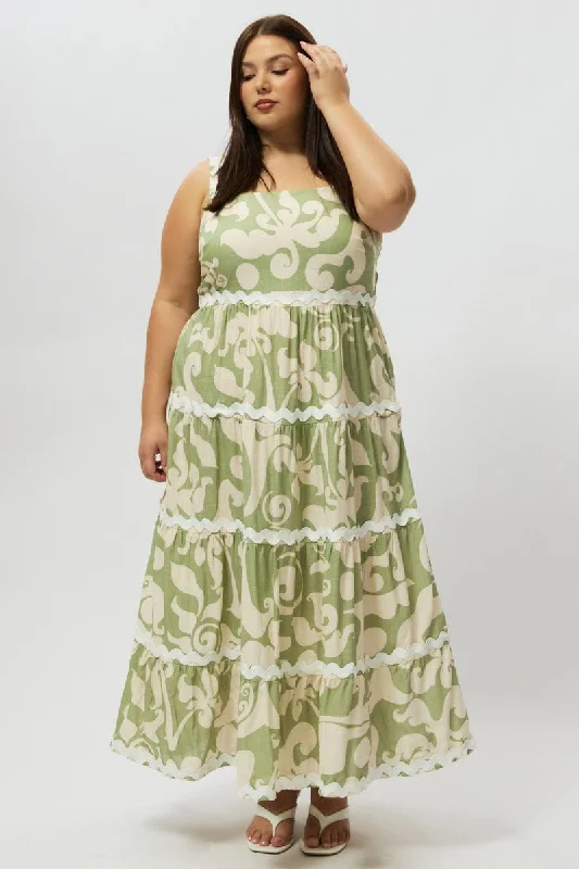 Midnight Sale Green Abstract Midi Dress Sleeveless Ric Rac Tiered Linen Blend
