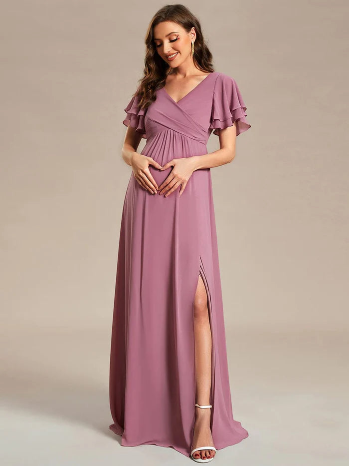 Discount Days A-Line Ruffles Sleeve Front Slit Pleated Chiffon Maternity Dress