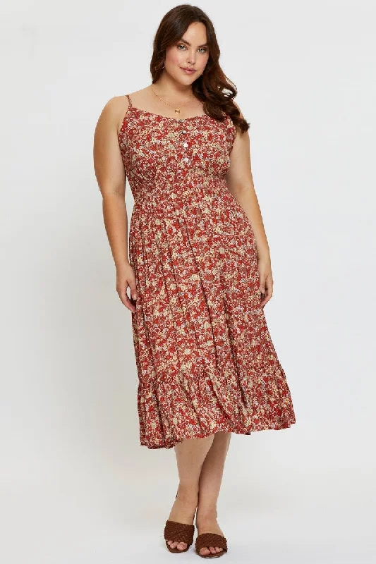 Sneak Peek Sale Floral Print Midi Dress V-neck Sleeveless