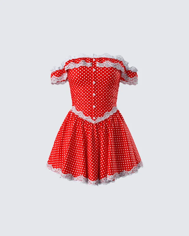 Online Only Masami Red Polka Dot Off Shoulder Dress