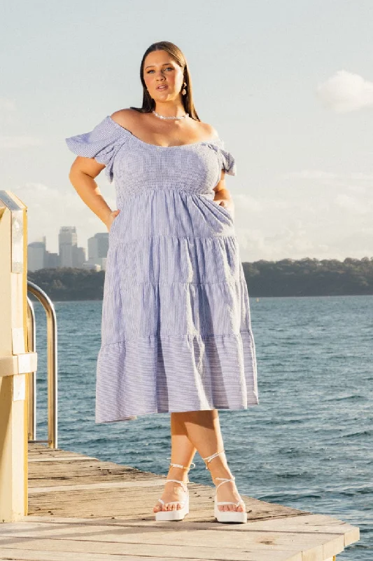 Best Seller Blue Stripe Midi Dress Short Sleeve Tiered