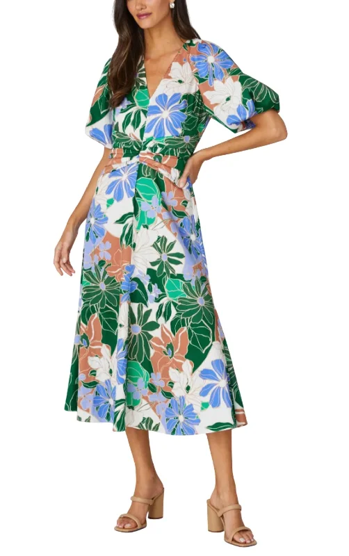 Deal Frenzy Jacqueline Midi Dress In Ivory/green/tan