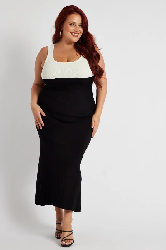 Price Drop Alert Black Colourblock Knit Midi Dress