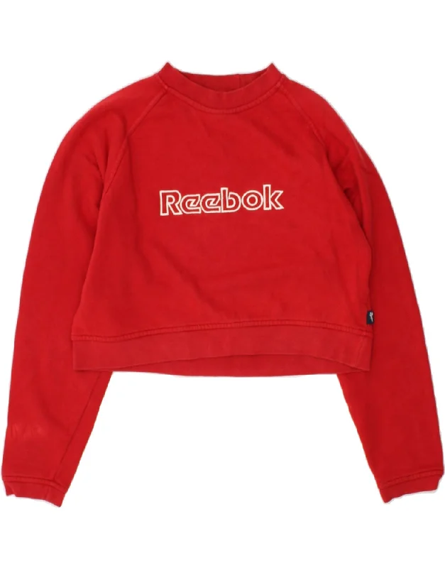 Seasonal Sale REEBOK Womens Graphic Crop Sweatshirt Jumper UK 14 Medium Red Cotton