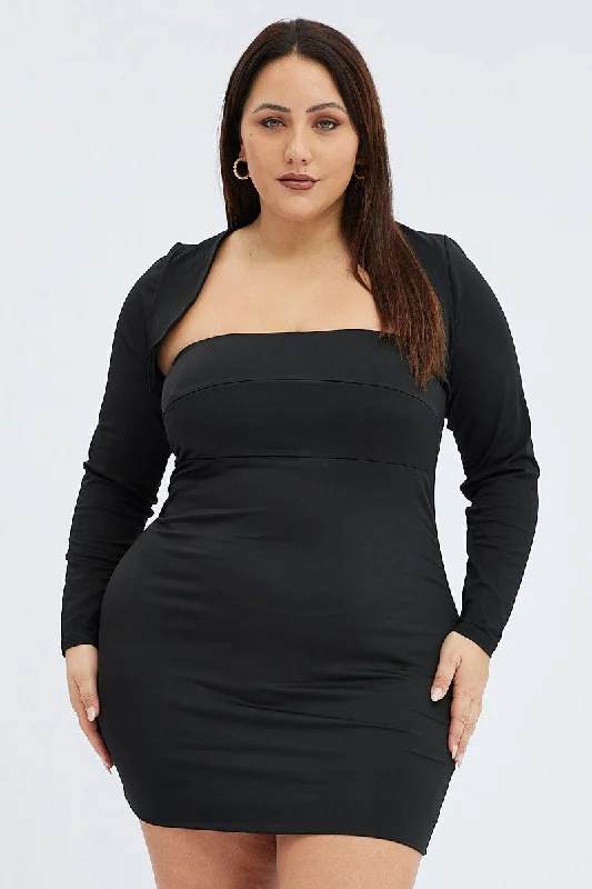Don't Wait Black Strapless Bodycon Dress Shrug Set
