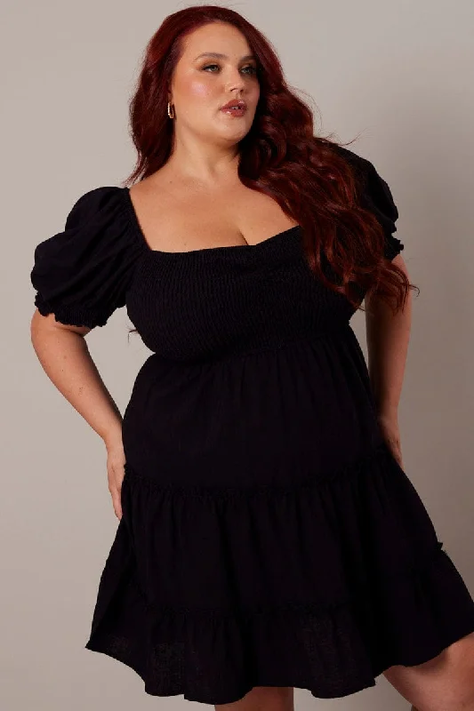 Mega Sale Black Fit And Flare Dress Short Sleeve Shirred