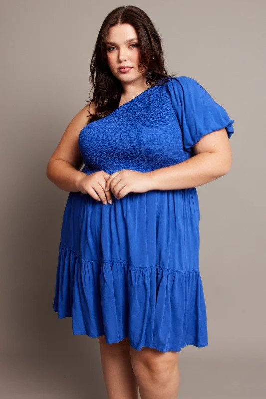 Super Deal Blue One Shoulder Dress Shirred Bodice Pockets