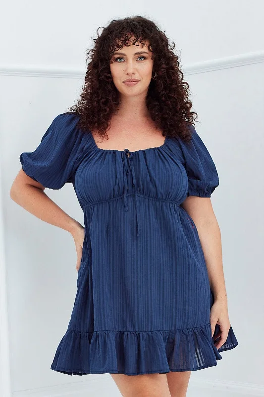 Price Break Blue Fit And Flare Dress Short Sleeve Ruched Bust