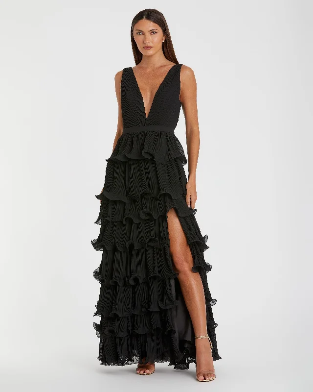 Price Drop Black Sleeveless Ruffle Tiered V Neck Gown