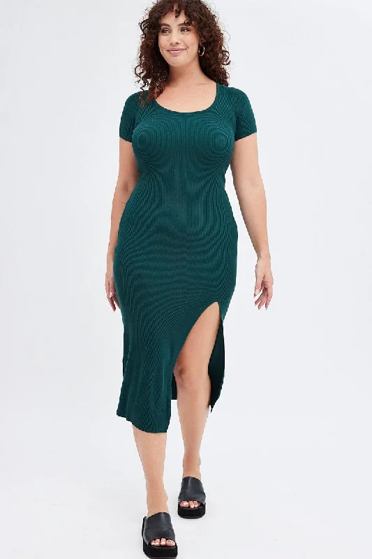 Stock Clearance Green Knit Dress Short Sleeve Midi