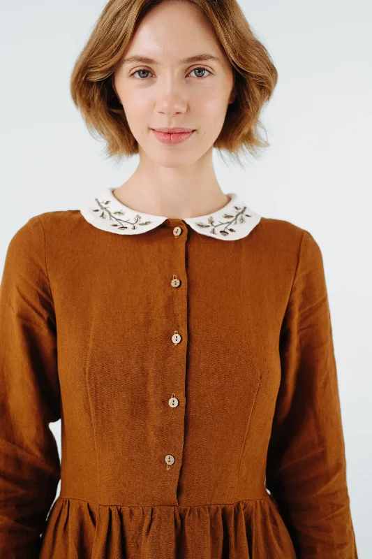 Huge Discounts Classic Dress with Embroidered Hazelnut Collar, Long Sleeve