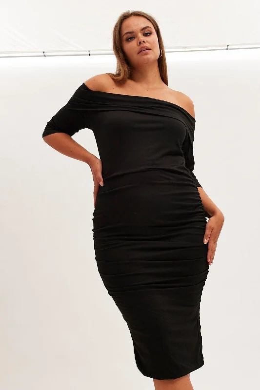 Discount Deals Black Midi Dress Off Shoulder Bodycon Jersey