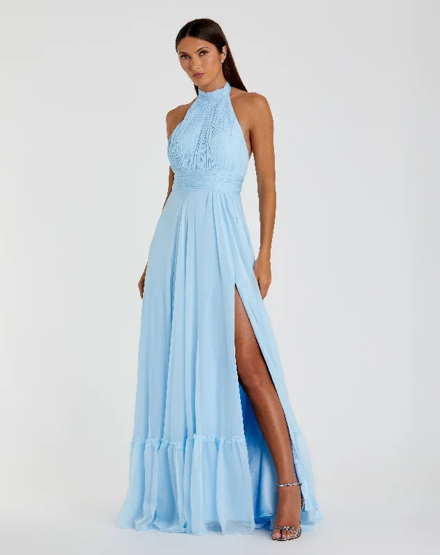 Best Bargains Blue High Neck Tiered Chiffon Halter Gown