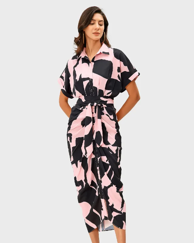 Lowest Price Abstract Print Crepe Pleated Sheath Shirtdress | Pink