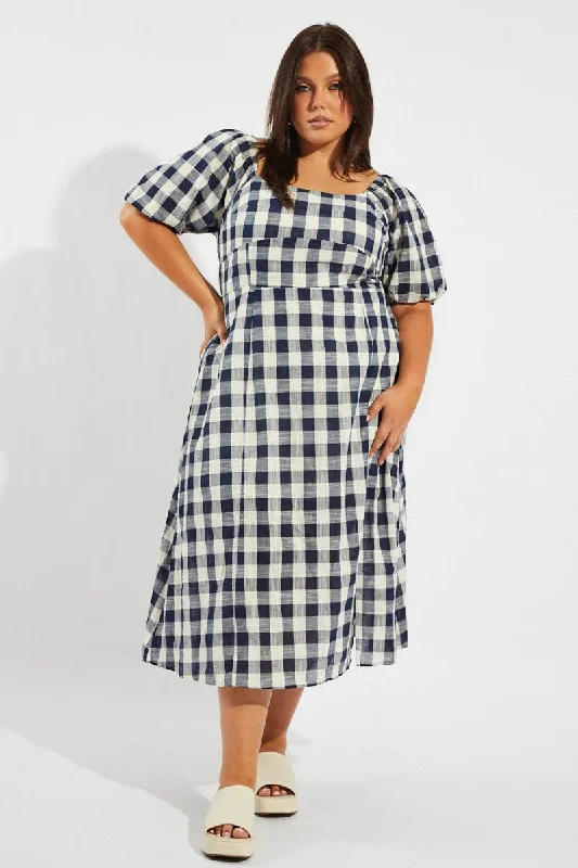Final Markdown Blue Check Midi Dress With Split And Puff Sleeves