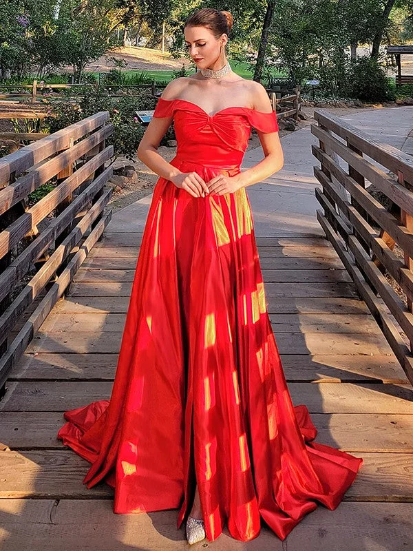 Limited Time Offer A-Line/Princess Silk like Satin Ruched Off-the-Shoulder Sleeveless Sweep/Brush Train Dresses Limited Time Offer A-Line/Princess Silk like Satin Ruched Off-the-Shoulder Sleeveless Sweep/Brush Train Dresses