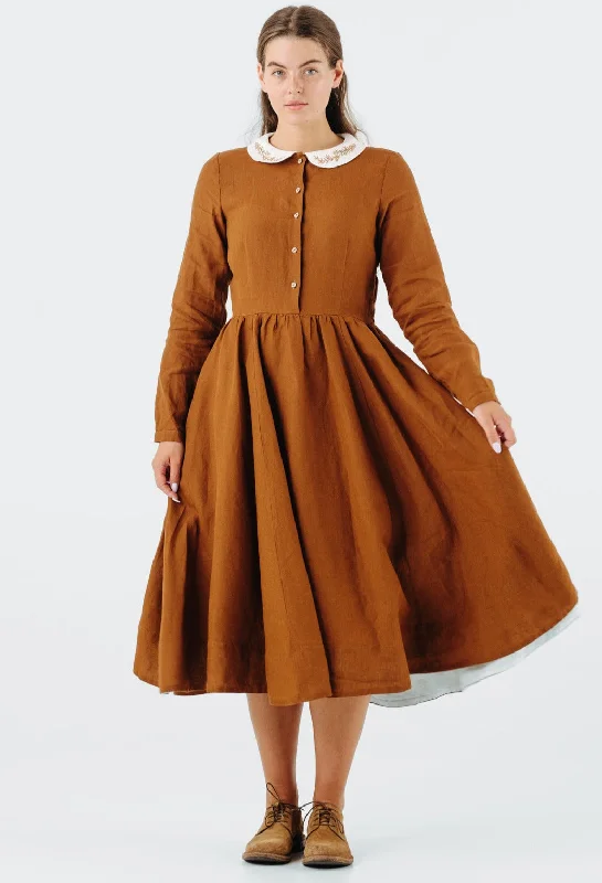 Anniversary Sale Classic Dress with Embroidered Golden Fields Collar, Long Sleeve