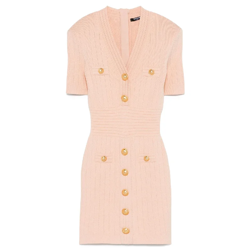 Bargain Bin V Neck Button Short Knit Dress