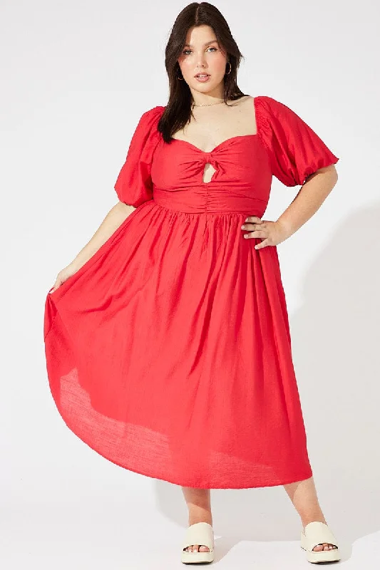Don't Miss Red Ruched Waist Detail Midi Dress