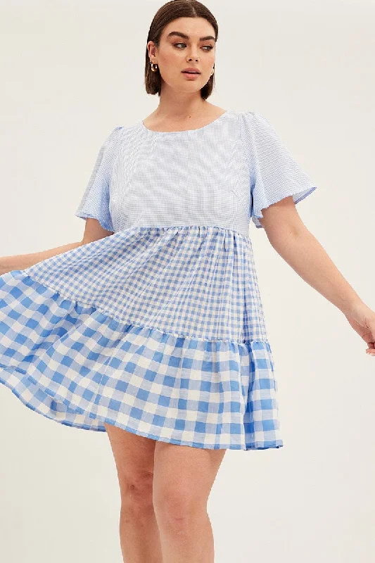Extra Savings Blue Check Relaxed Dress Short Sleeve Mini Tiered