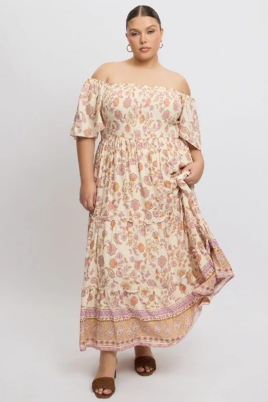 Huge Discounts Beige Boho Maxi Dress Short Sleeve Shirred
