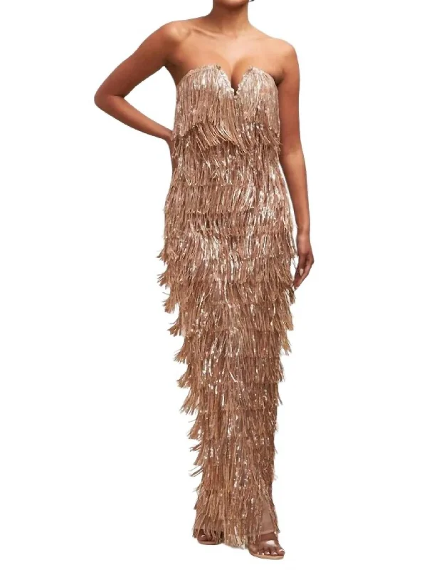 Limited Stock Sequin Fringe Maxi Dress In Rose Gold