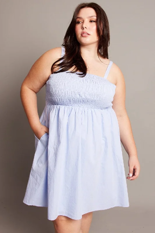 Stock Clearance Blue Shirred Bodice Cotton Poplin Minidress
