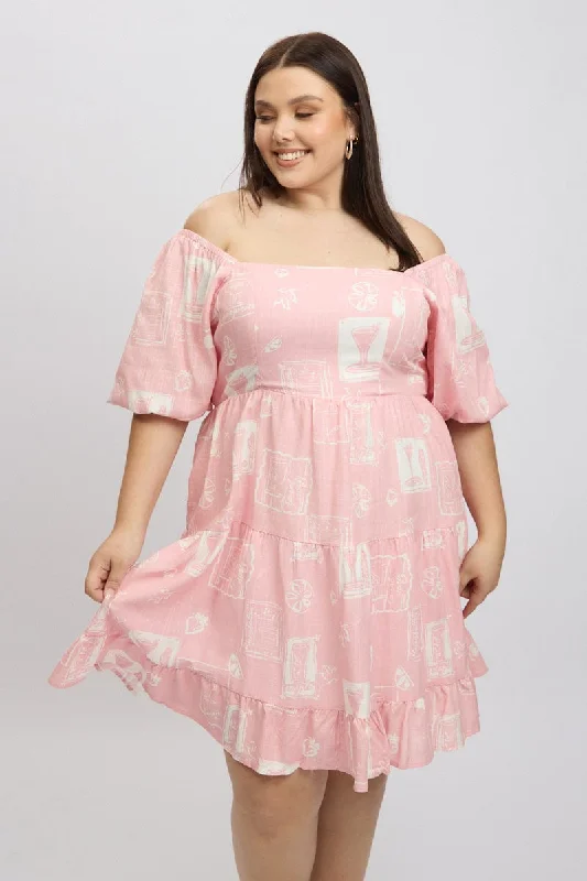 Act Now Pink Abstract Sweetheart Neck Puff Sleeve Minidress