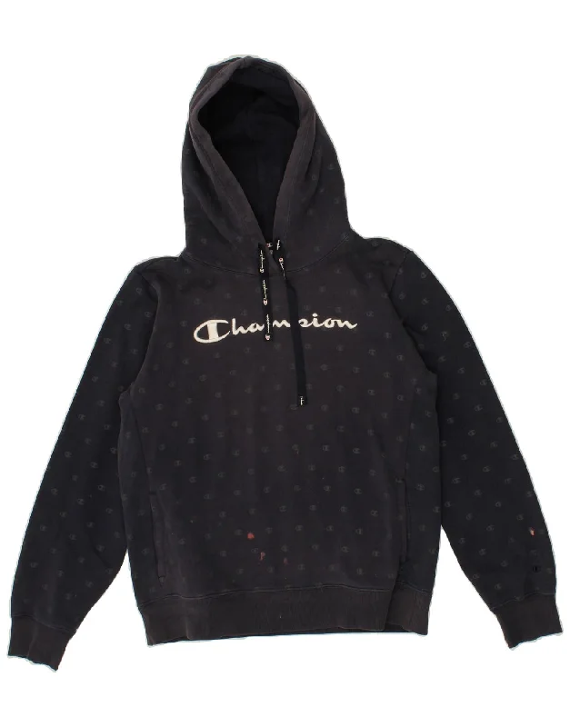 Flash Sale CHAMPION Womens Graphic Hoodie Jumper UK 16 Large Navy Blue Cotton