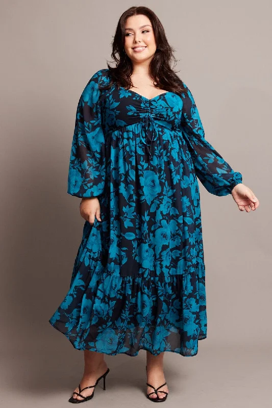 Great Deals Black Floral Midi Dress Long Sleeve Ruched Front