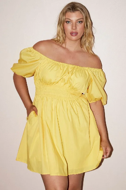Exclusive Access Yellow Shirred Waist Cotton Blend Pocket Minidress