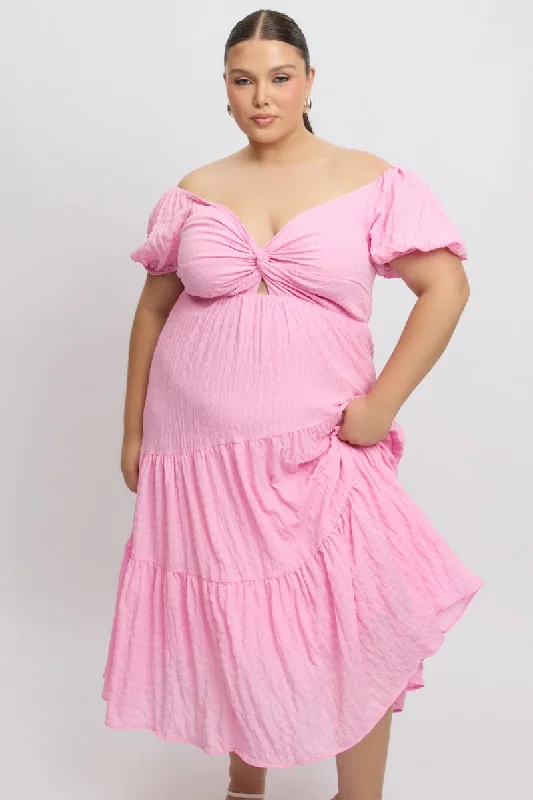 Savings Spectacular Pink Midi Dress Short Sleeve Cut Out