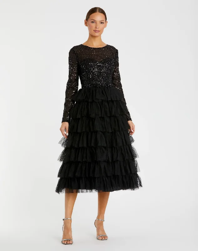 Must-Have Deals Black Long Sleeve Ruffle Tiered Midi Dress