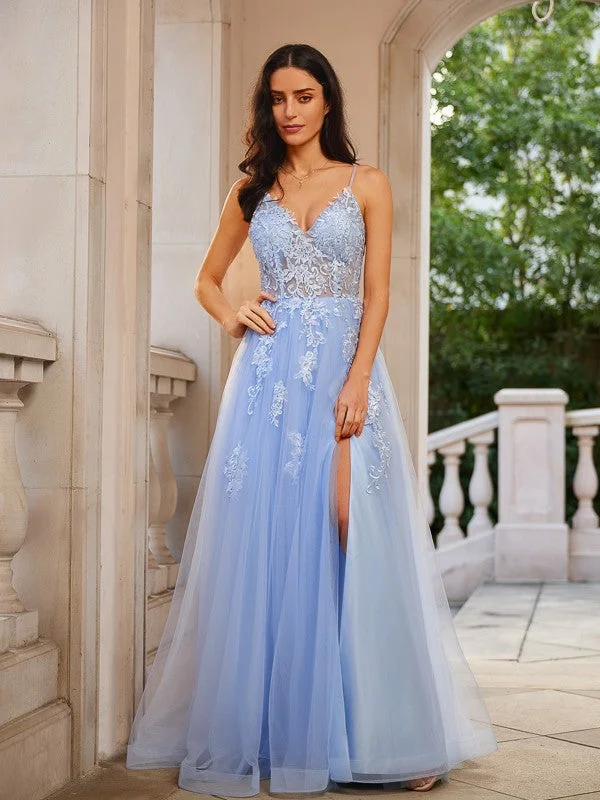 Limited Quantity A-Line/Princess Tulle Applique V-neck Sleeveless Floor-Length Dresses Limited Quantity A-Line/Princess Tulle Applique V-neck Sleeveless Floor-Length Dresses