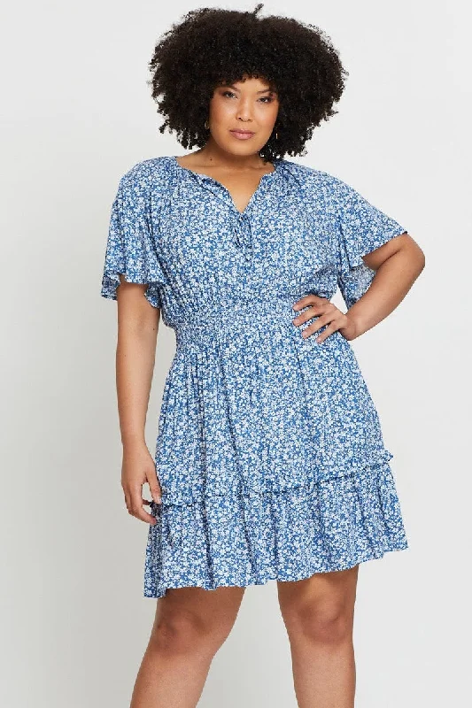 Now or Never Ditsy Print Skater Dress V-neck Short Sleeve Tie
