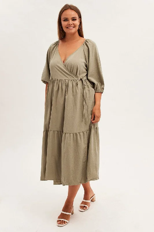 Warehouse Sale Green Maxi Dress Wrap Short Sleeve