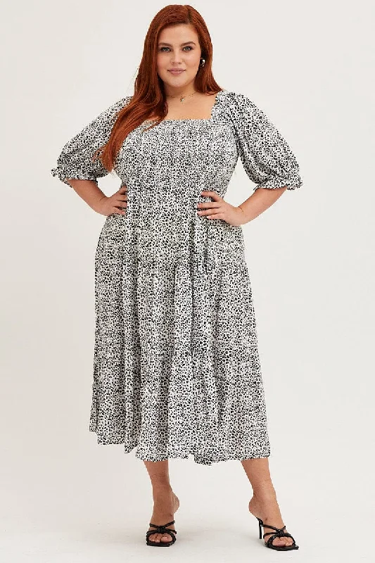 Savings Event Animal Print Puff Sleeve Midi Dress