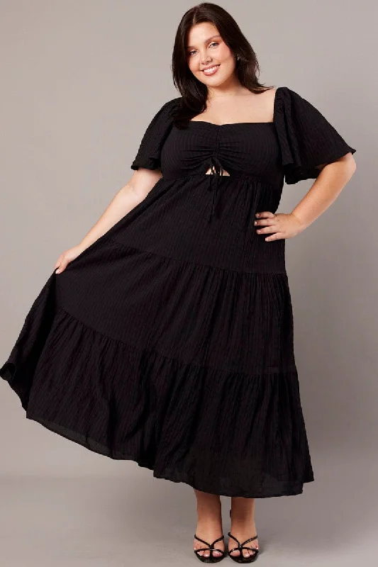 Fantastic Offers Black Midi Dress Short Sleeve Textured