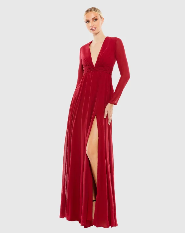 Can't Be Beat Red V-Neck Front Twist Long Sleeve Gown