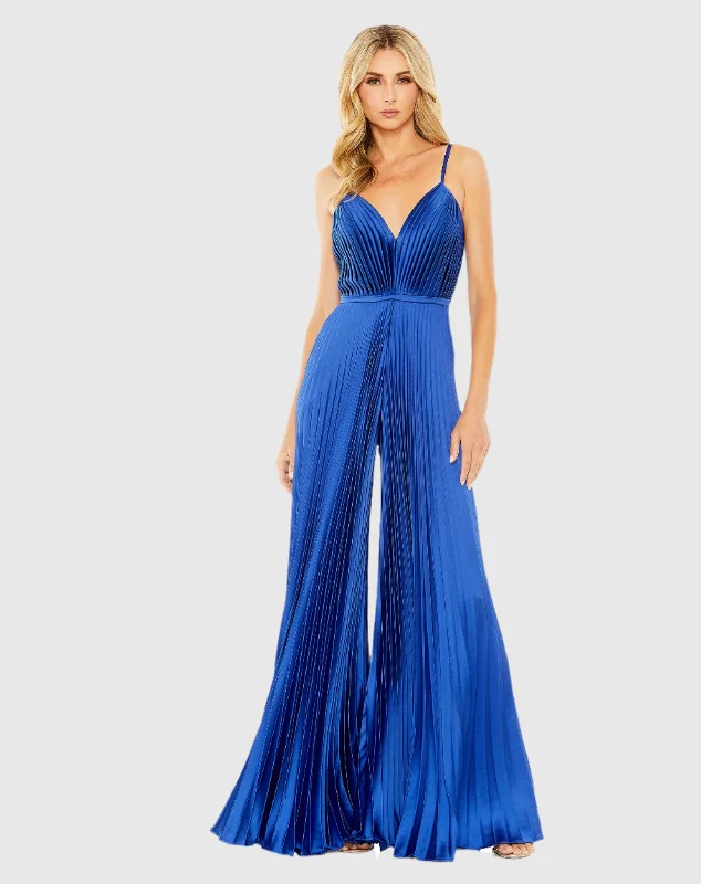 Special Price Dark Blue Pleated Plunge Neck Wide Leg Jumpsuit